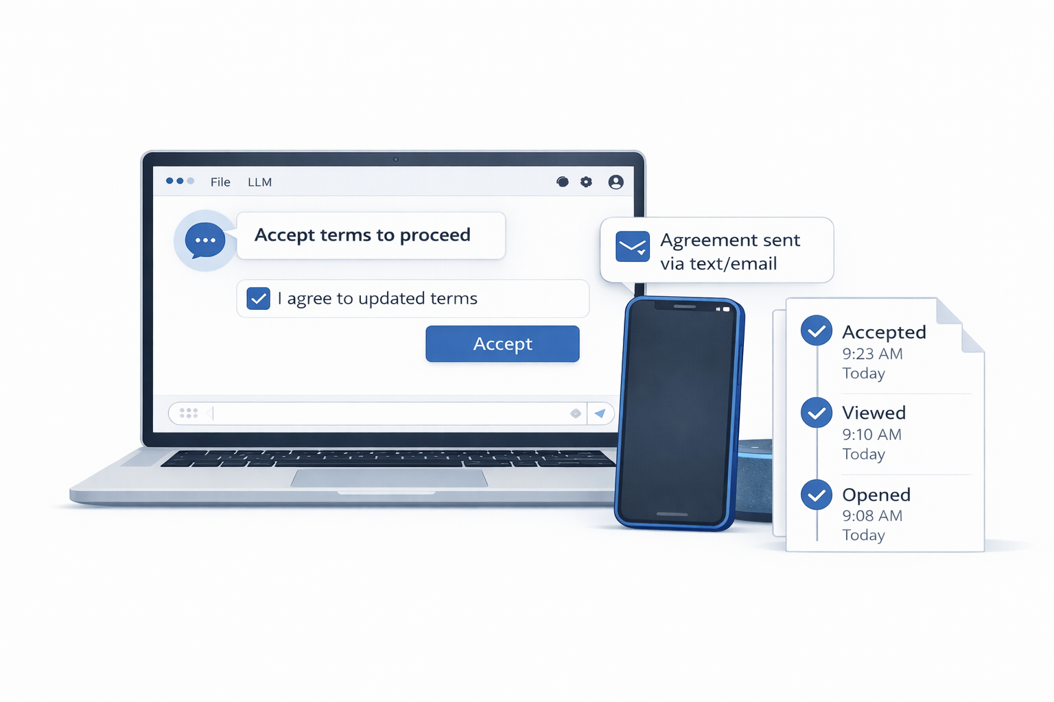 showing terms acceptance on computer and phone with versioning on side